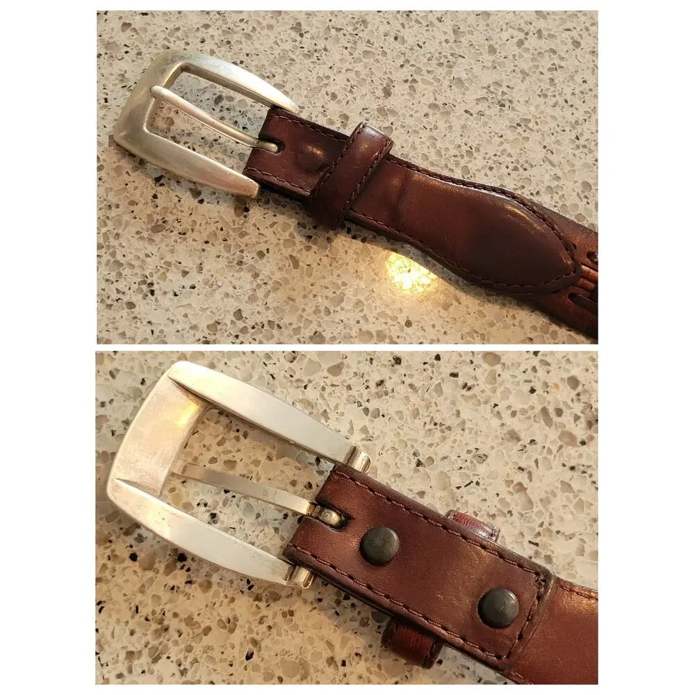 Brighton Mens Wooden Bead Genuine Leather Brown Braided Belt Silver Buckle✨️44